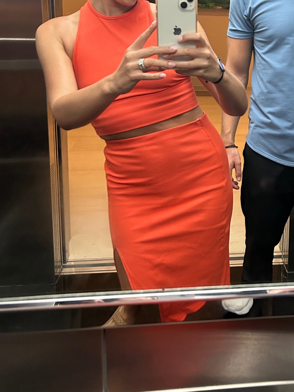 Lulus Absolute Edge Coral Mock Neck Two-piece Bodycon Midi Dress Orange - Size M - Picture 2 of 2